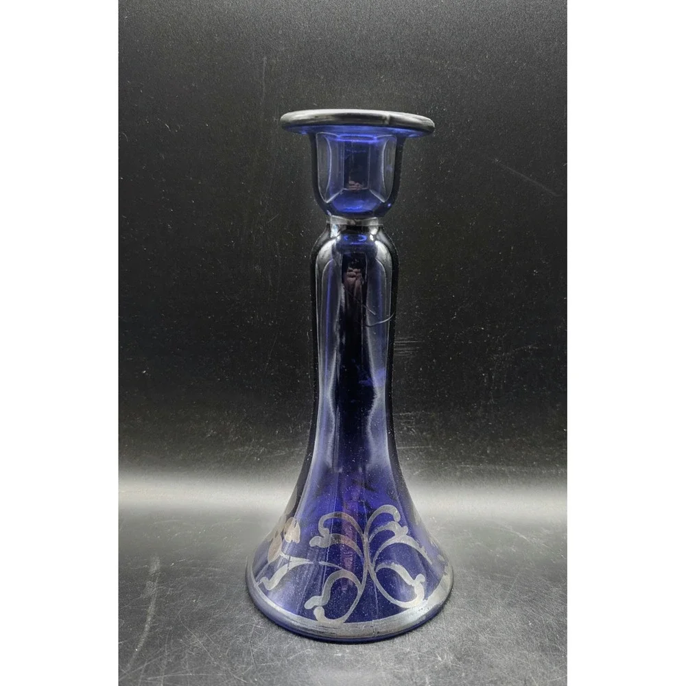 Vintage Cobalt Blue Glass Candlestick Holder Silver Overlay Floral Trumpet 8in